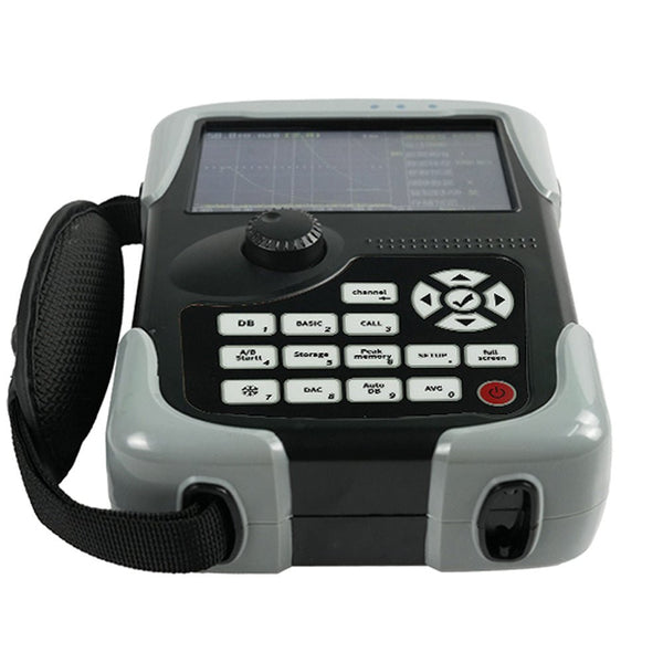 Gray and black ultrasonic flaw detector by BRK, featuring a display screen and multiple control buttons, shown at a slight angle.
