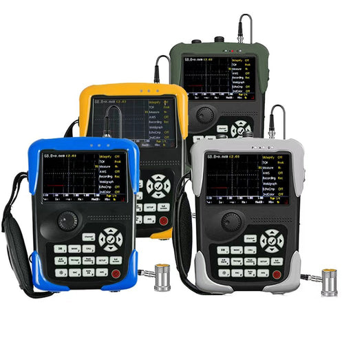 Digital ultrasonic flaw detectors from BRK in blue, yellow, green, and gray colors with cables, and various button controls.
