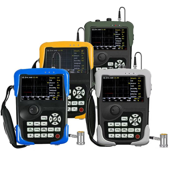 Digital ultrasonic flaw detectors from BRK in blue, yellow, green, and gray colors with cables, and various button controls.
