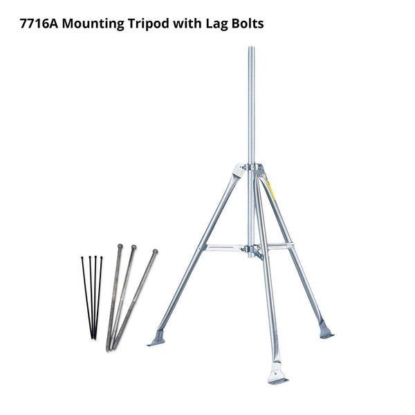 Silver mounting tripod by Davis Instruments with lag bolts, featuring a three-legged base and adjustable center pole.