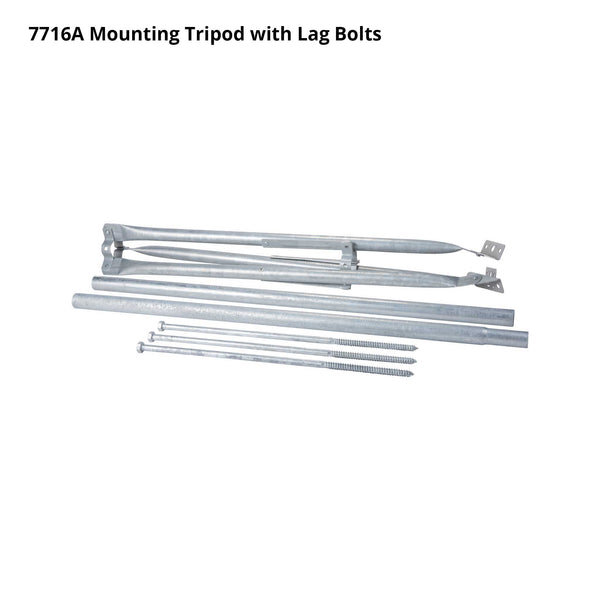 Galvanized mounting tripod with lag bolts by Davis Instruments with metal finish and a few visible screws.