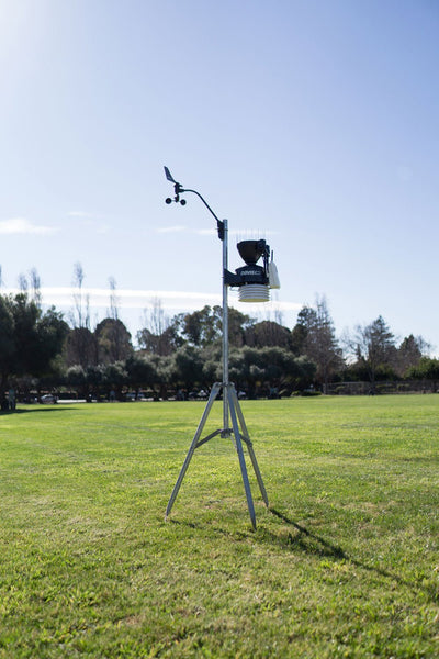Mounting tripod by Davis Instruments on a green lawn underneath a blue sky.