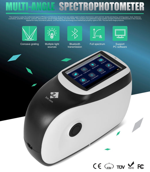 Multi-angle spectrophotometer by 3nh with a digital interface displaying various icons and function options.
