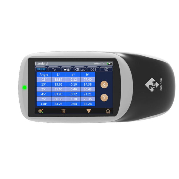 Multi-angle spectrophotometer by 3nh showing readings on a digital display with control buttons on a dark gray and white device.

