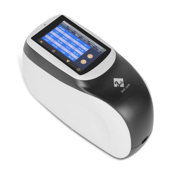 Multi-angle spectrophotometer by 3nh displaying data on its screen, in a white and black casing.