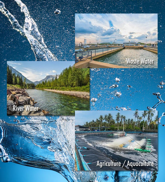 Water quality analyzer from Sper Scientific showing river, waste, and agriculture water sources.