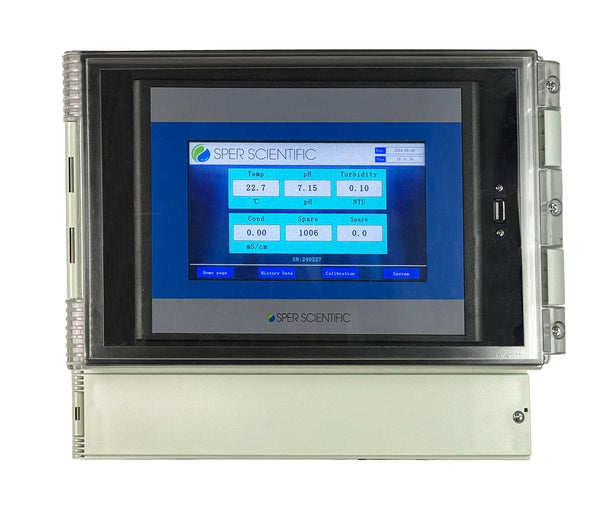 Online multi-parameter water quality analyzer by Sper Scientific displaying real-time measurements, mounted in a clear, protective casing.