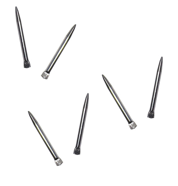 Silver replacement pins for moisture meter by Sper Scientific, arranged on a white surface.
