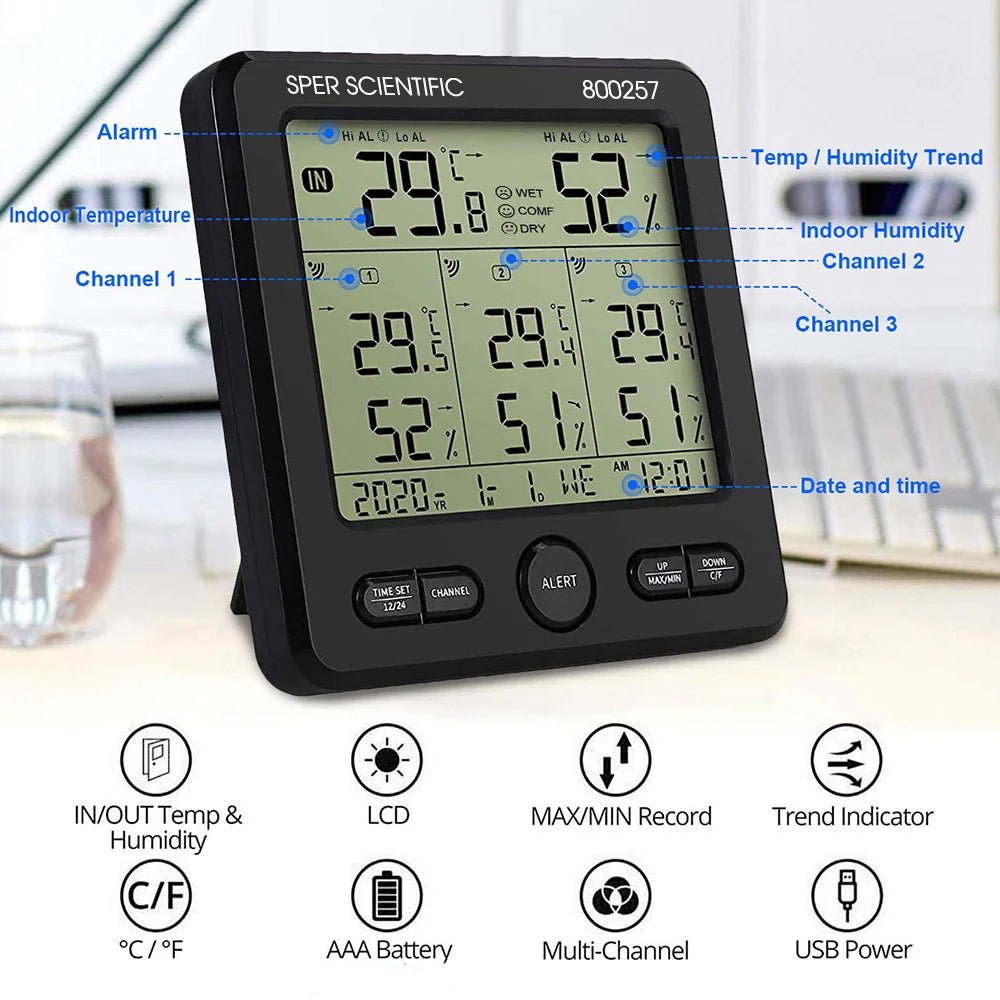 Sper Scientific multifunction monitor with a large LCD screen showing temperature, humidity in multiple channels.