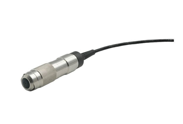 Eddy current probe for coating thickness gauge by BRK with a metallic finish and a black cable.