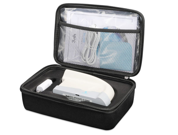 Tri-angle gloss meter by 3nh in a black carrying case with charger and papers.
