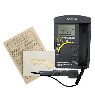 Digital laser power meter by Sanwa, with attached sensor probe and calibration documents.
