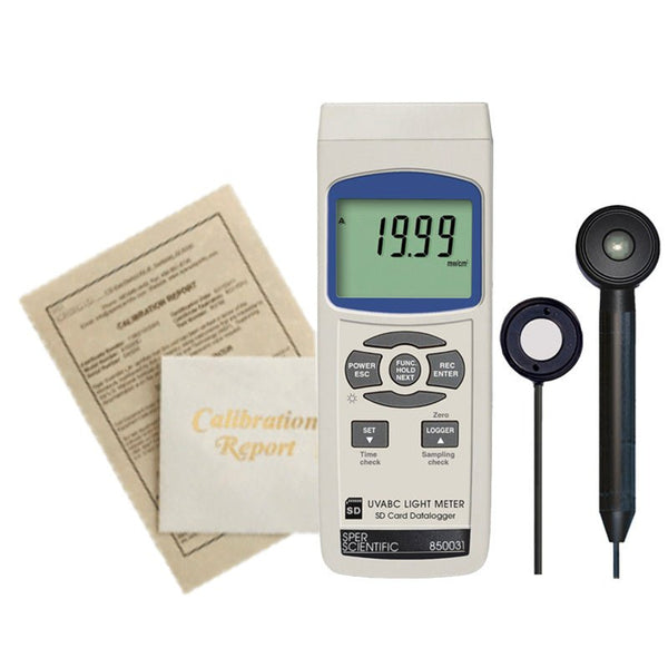 UVABC light meter with SD card datalogger by Sper Scientific, alongside calibration reports and light sensors.
