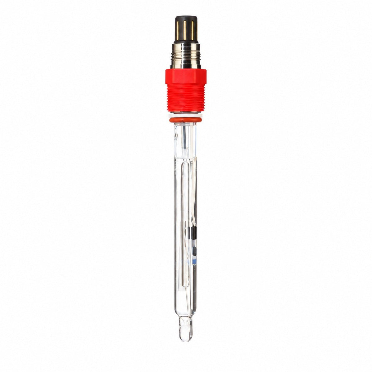 High-temperature glass pH sensor with VP connector, red fitting and clear glass body on a white background