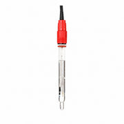 Industrial glass pH electrode with red fitting and clear sensing bulb on a white background