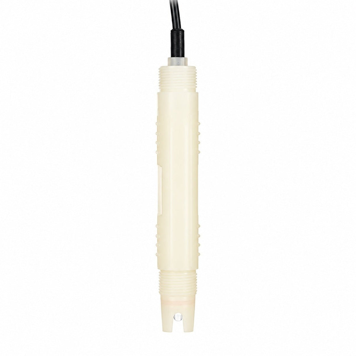 Industrial PTFE pH and temperature sensor with cable and dual NPT threads on a white background