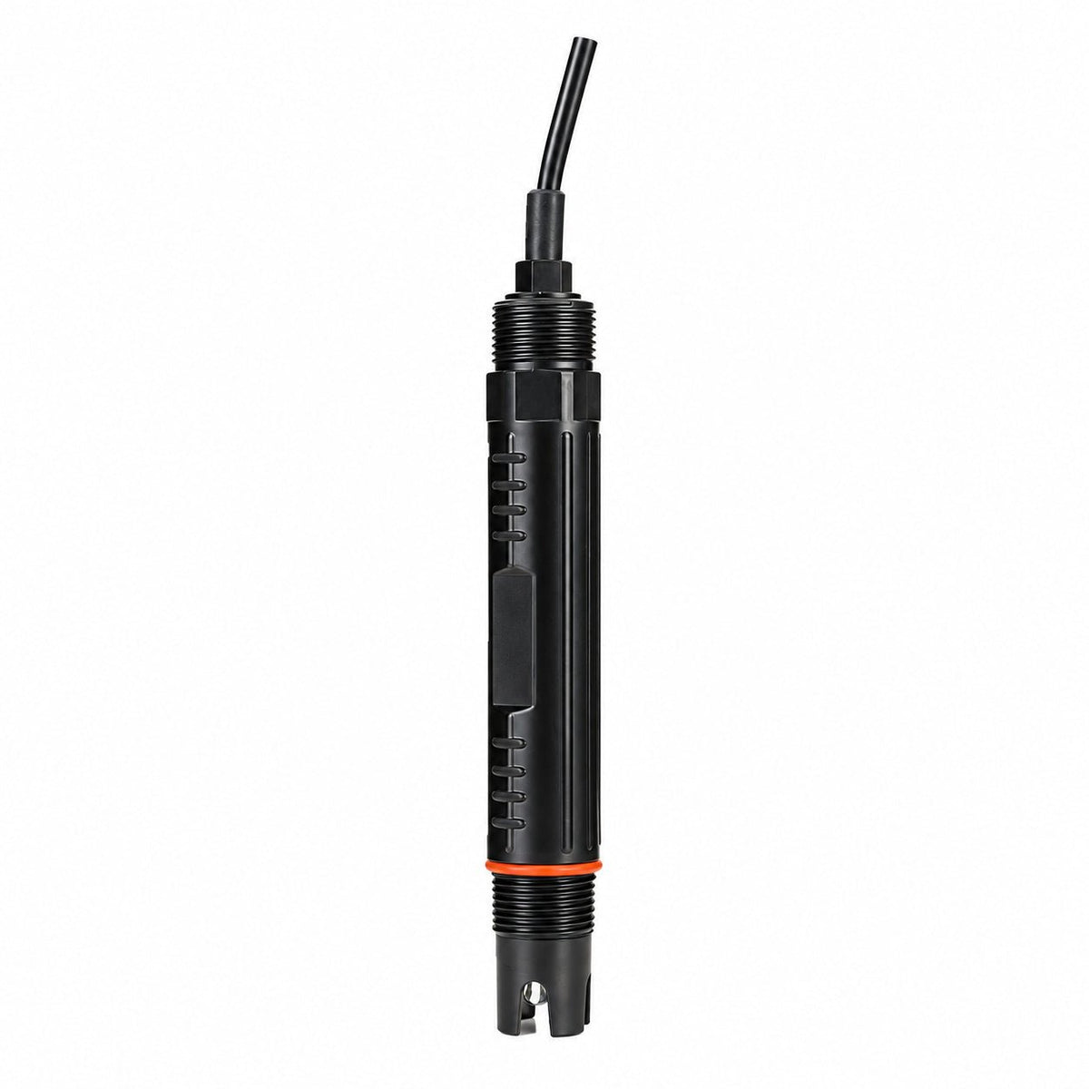 Industrial pure water pH sensor with black threaded housing, orange O-ring and integral cable on a white background