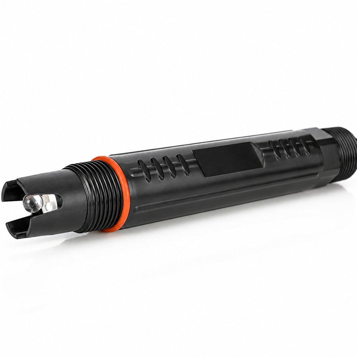 Close-up of the pure water pH sensor showing its protected glass sensing bulb, lower mounting thread and orange O-ring
