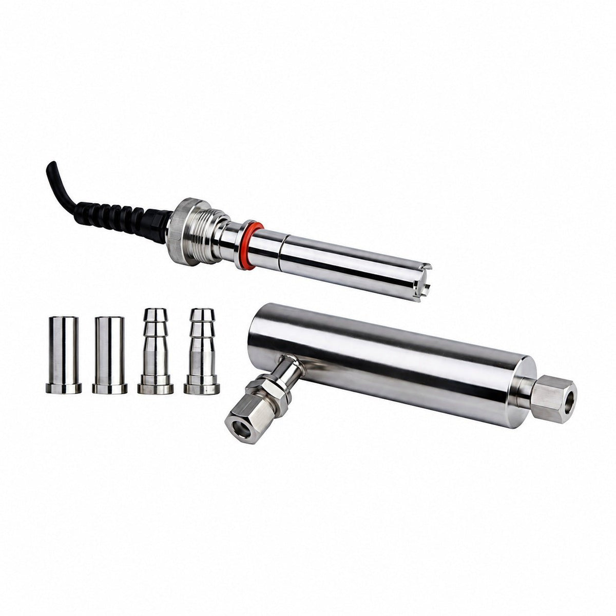 Industrial trace dissolved oxygen sensor with stainless steel flow cell and installation fittings on a white background