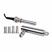 Industrial trace dissolved oxygen sensor with stainless steel flow cell and installation fittings on a white background
