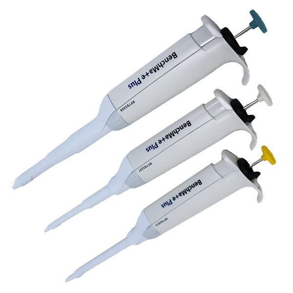 Set of single-channel pipettes by Oxford Lab Products, displayed at varying angles with yellow, blue, and white plungers.