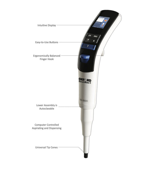 Single channel electronic pipette by Oxford Lab Products with intuitive display and easy-to-use buttons.