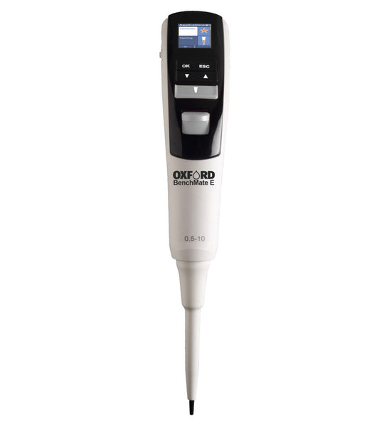 Single channel electronic pipette by Oxford Lab Products with a digital screen and white body.
