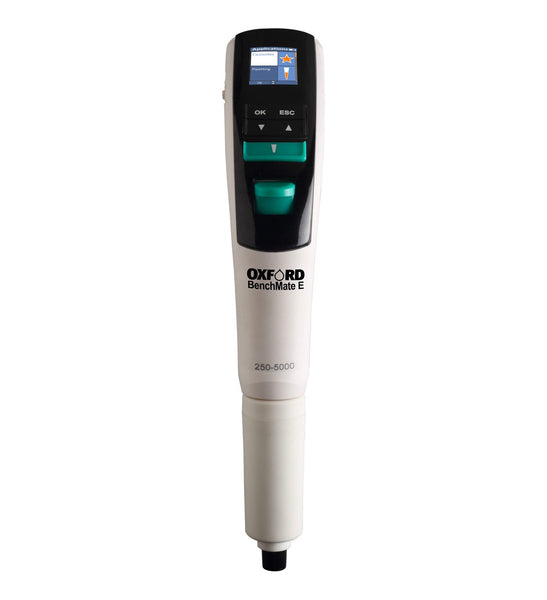 Single channel electronic pipette by Oxford Lab Products with a digital interface and a white finish.