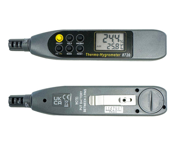 Pen-style thermo-hygrometer with wet bulb and dew point by Sper Scientific, shown in two views to display the digital display and battery compartment.
