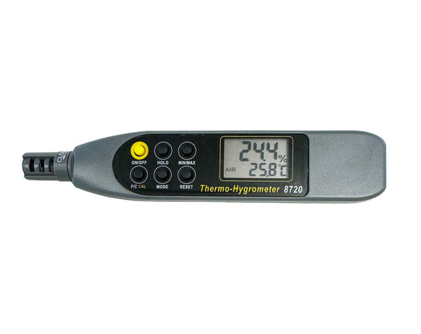 Pen style thermo-hygrometer with wet bulb and dew point by Sper Scientific, featuring a digital display and control buttons.
