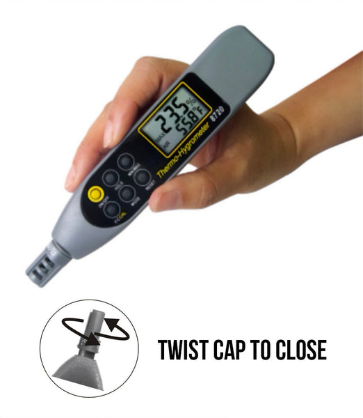 Thermo-hygrometer by Sper Scientific, held in a hand with a digital display showing temperature and humidity, plus a twist-to-close cap detail.

