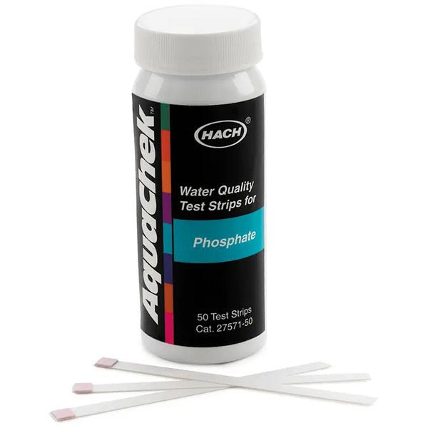 Water quality test strips for phosphates by Hach, with unused strips laid out on the surface.
