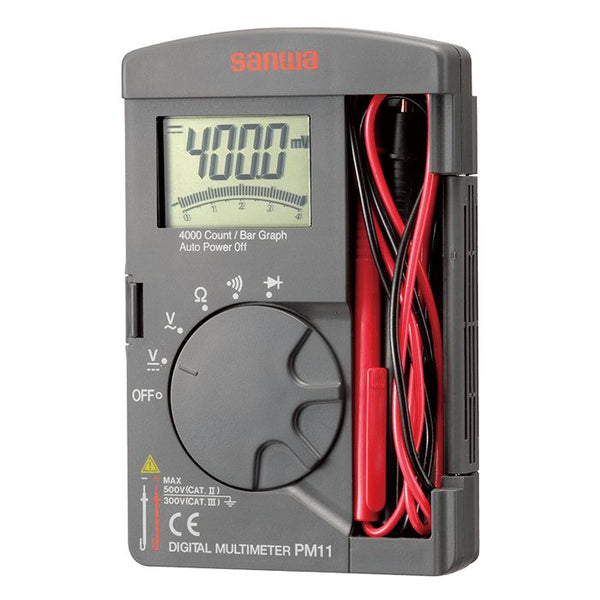 Pocket digital multimeter with 4000 count display by Sanwa, featuring a gray case, a rotary selector, and test leads.