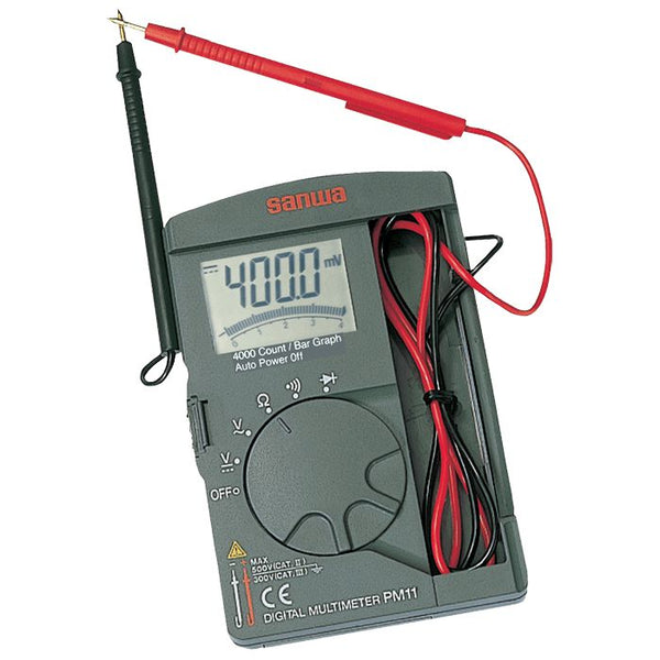 Gray digital multimeter by Sanwa featuring a 4000 count display and included red and black testing probes.