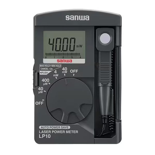 Pocket laser power meter by Sanwa with a digital display, control dial, and attached sensor.