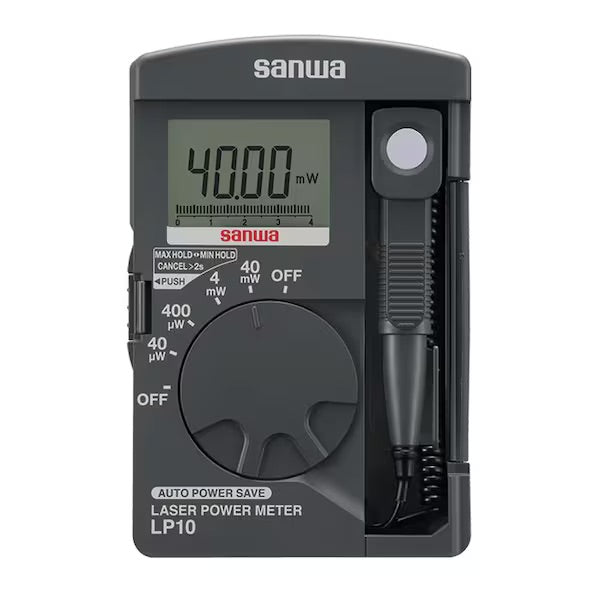 Pocket laser power meter by Sanwa with a digital display, control dial, and attached sensor.