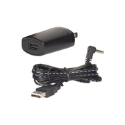 Black power adapter for Vantage Family Consoles from Davis Instruments, featuring a USB port and power cord.