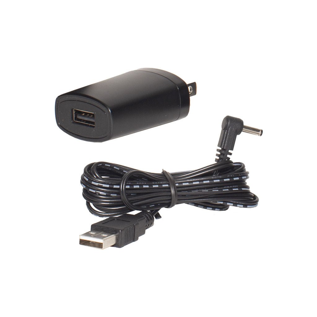 Black power adapter for Vantage Family Consoles from Davis Instruments, featuring a USB port and power cord.