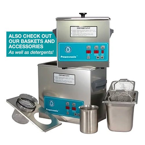 Benchtop ultrasonic cleaner tank by Crest Ultrasonics with stainless steel accessories, resting on a white surface.
