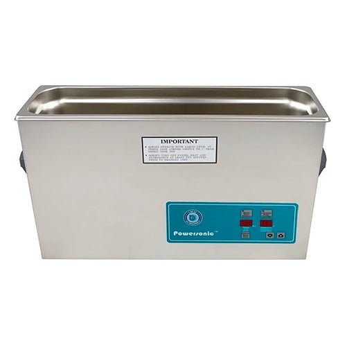 Benchtop cleaner tank by Crest Ultrasonics, made of stainless steel with front control panel and display.
