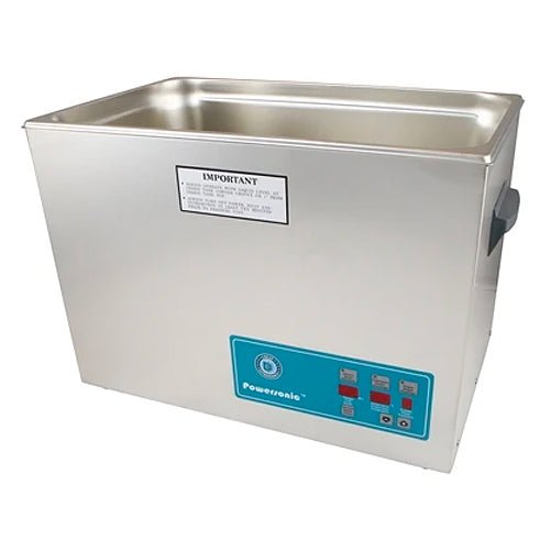 Stainless steel benchtop cleaner tank by Crest Ultrasonics featuring a digital control panel.
