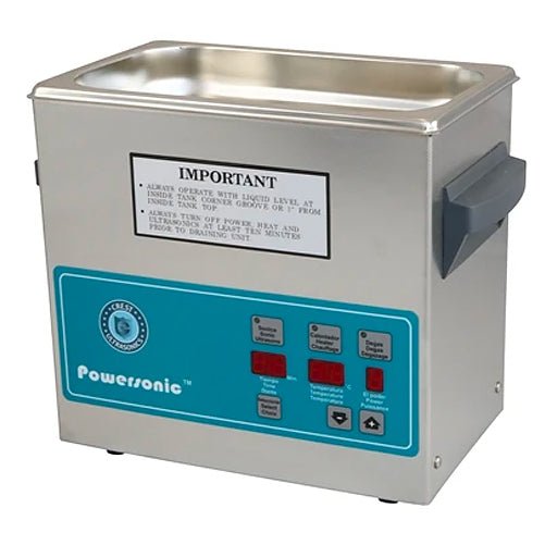 Benchtop ultrasonic cleaner by Crest Ultrasonics with digital display and stainless steel tank.