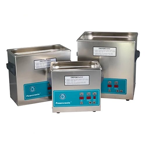 Stainless steel benchtop cleaner tank by Crest Ultrasonics, showing the front panels with blue accents.