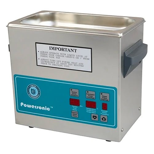 Benchtop ultrasonic cleaner by Crest Ultrasonics with a stainless steel finish and a control panel.

