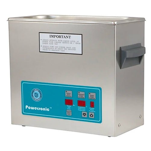 Stainless steel benchtop cleaner tank from Crest Ultrasonics, featuring a blue control panel and gray handles.