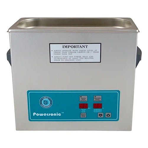 Benchtop ultrasonic cleaner tank by Crest Ultrasonics with a digital control panel and steel finish.