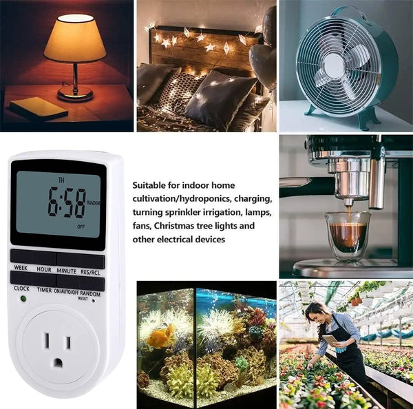 Programmable digital plug-in timer with LCD display by Sper Scientific showing various home applications.
