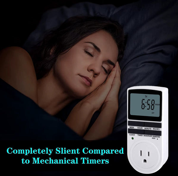 Plug-in digital timer with LCD display by Sper Scientific, shown next to a sleeping person in bed.
