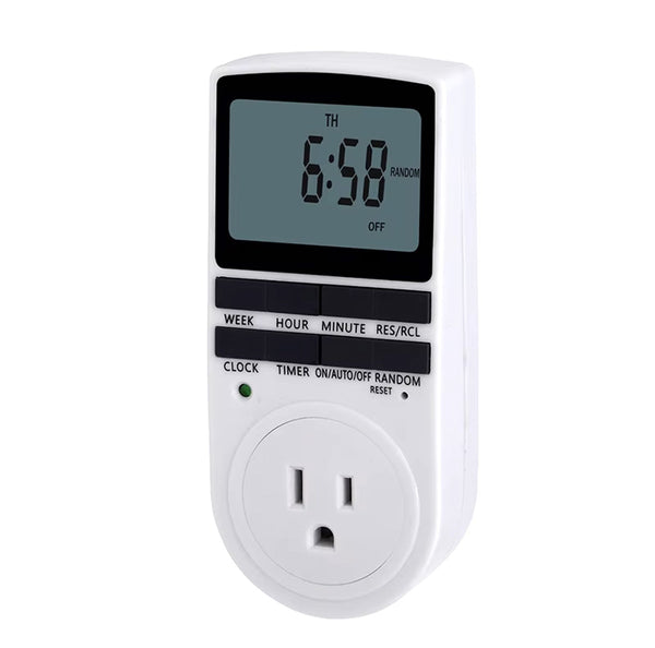 White programmable digital plug-in timer by Sper Scientific featuring an LCD display and a grounded outlet.
