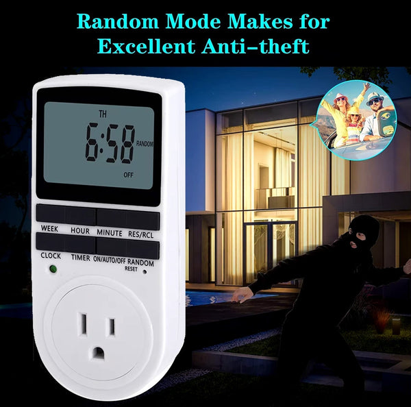 White programmable digital plug-in timer with LCD display by Sper Scientific showing 6:58, in front of a house with burglar.